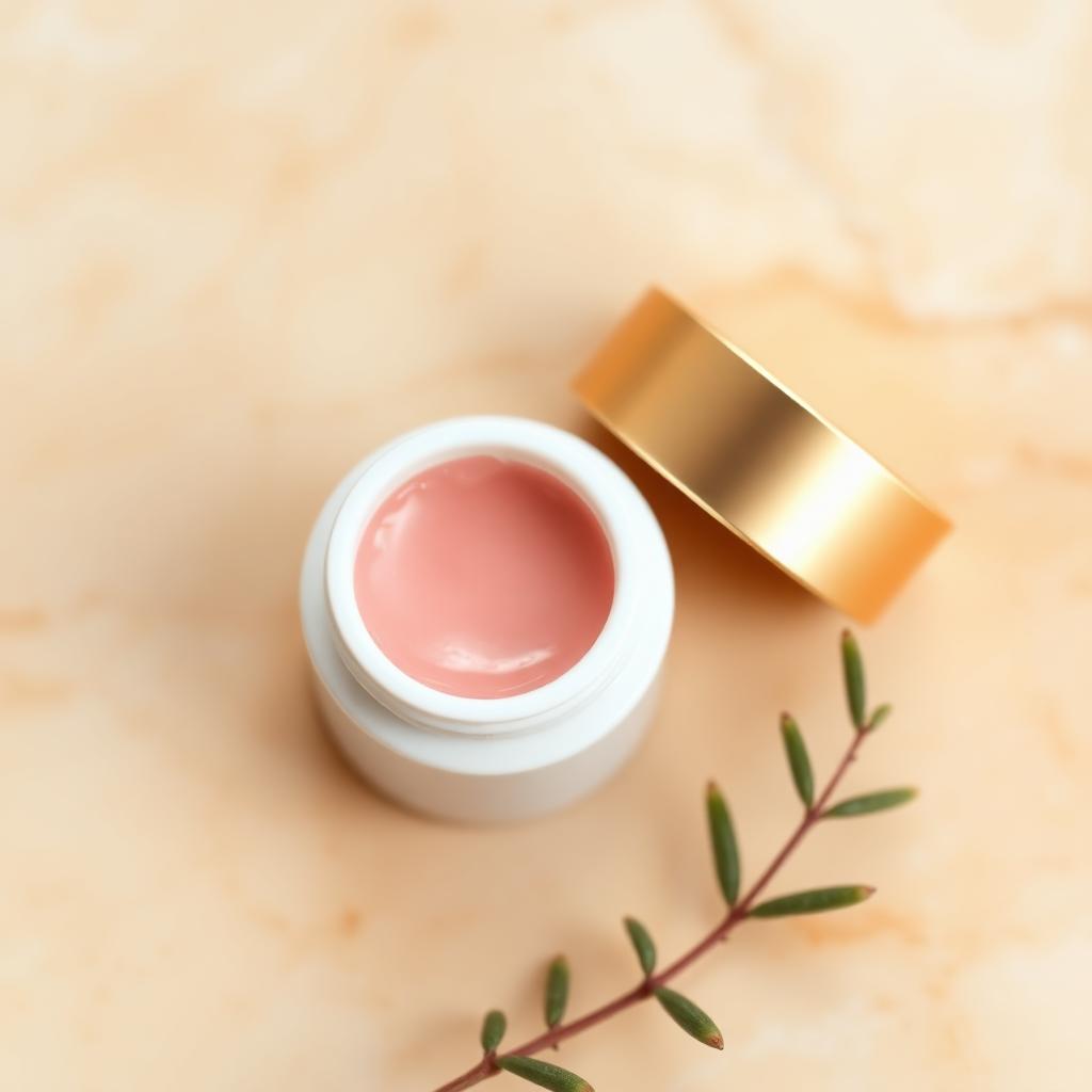 Tinted lip balm in a minimalist white pot with gold lid