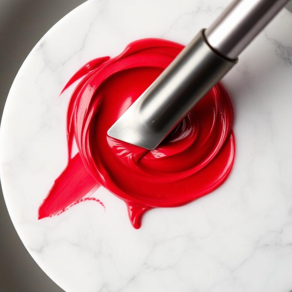 Vibrant red lipstick pigment being wet-milled on a marble palette