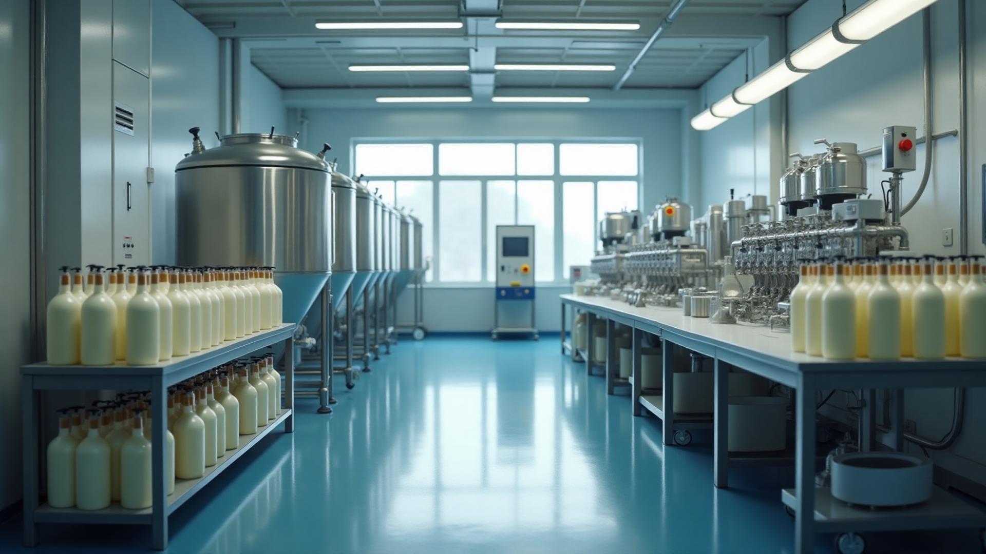 Body wash and shower gel bottles on production line