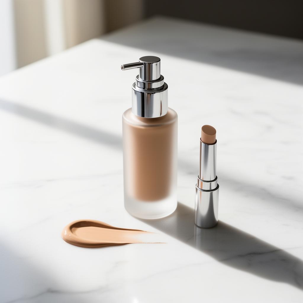 Frosted glass foundation pump and concealer wand with beige swatch on white marble