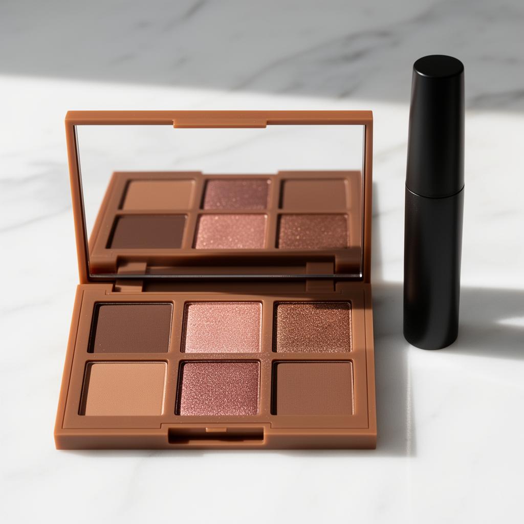 Open warm-toned eyeshadow palette beside a matte black mascara tube on white marble