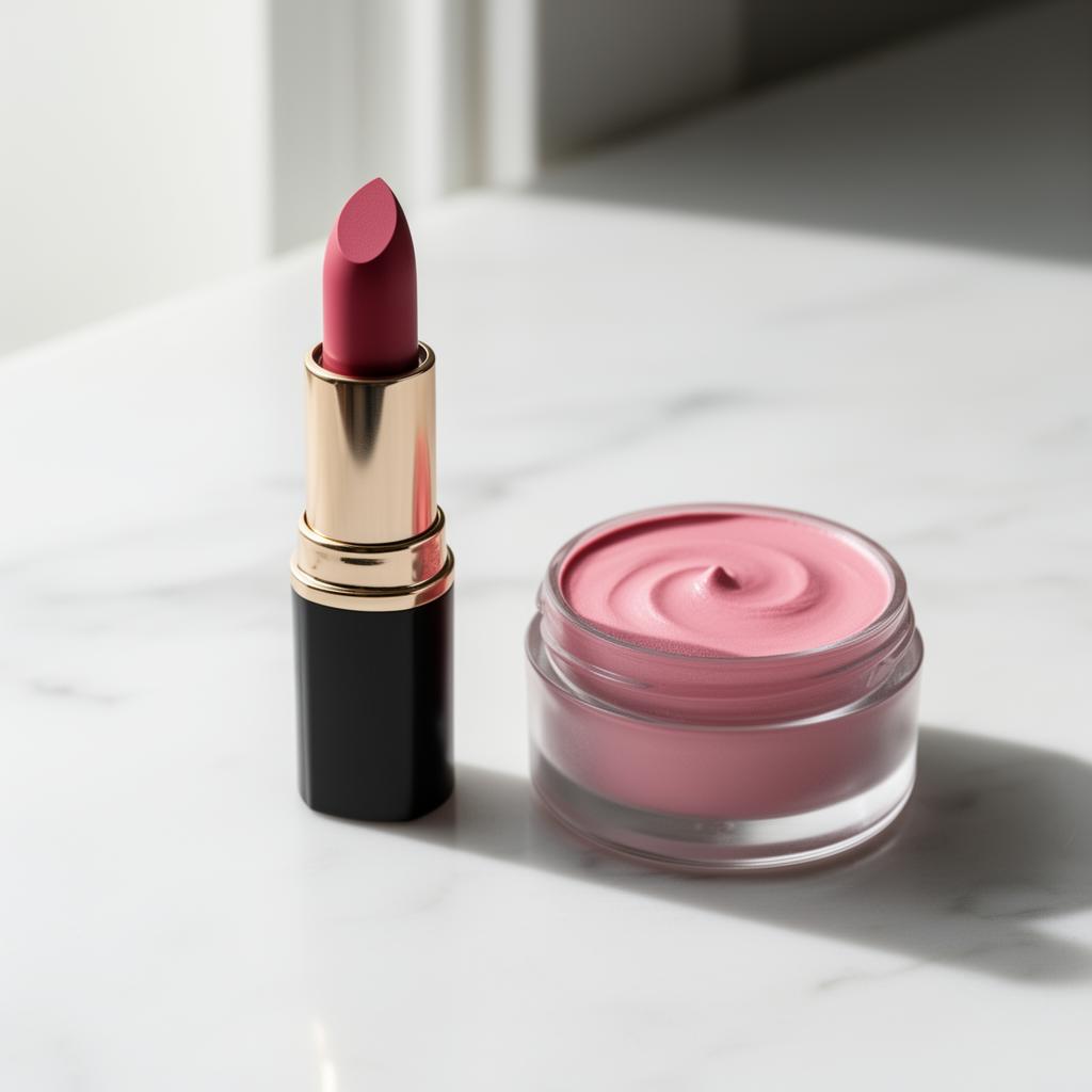 Berry-rose lipstick bullet and pink cream blush pot on white marble