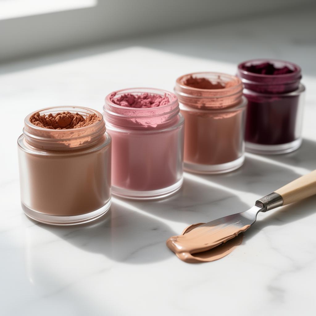 Glass jars of nude, rose, and berry cosmetic pigments with a palette knife on white marble