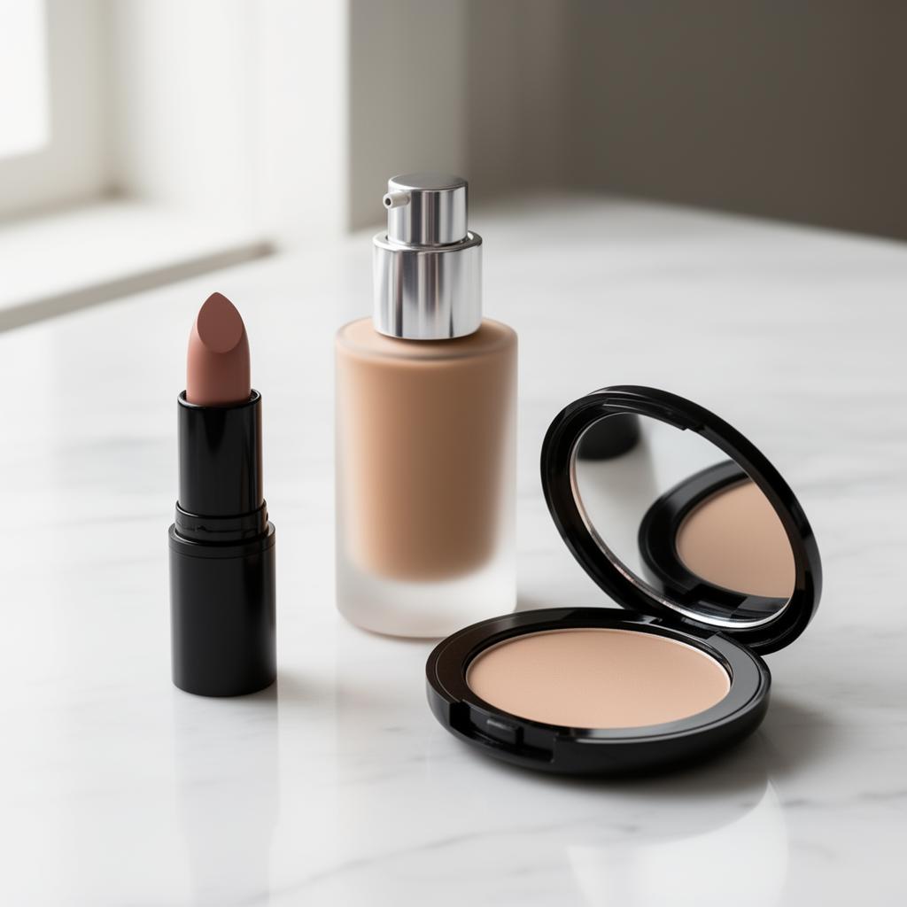 Lipstick bullet, frosted foundation pump, and open compact powder on white marble