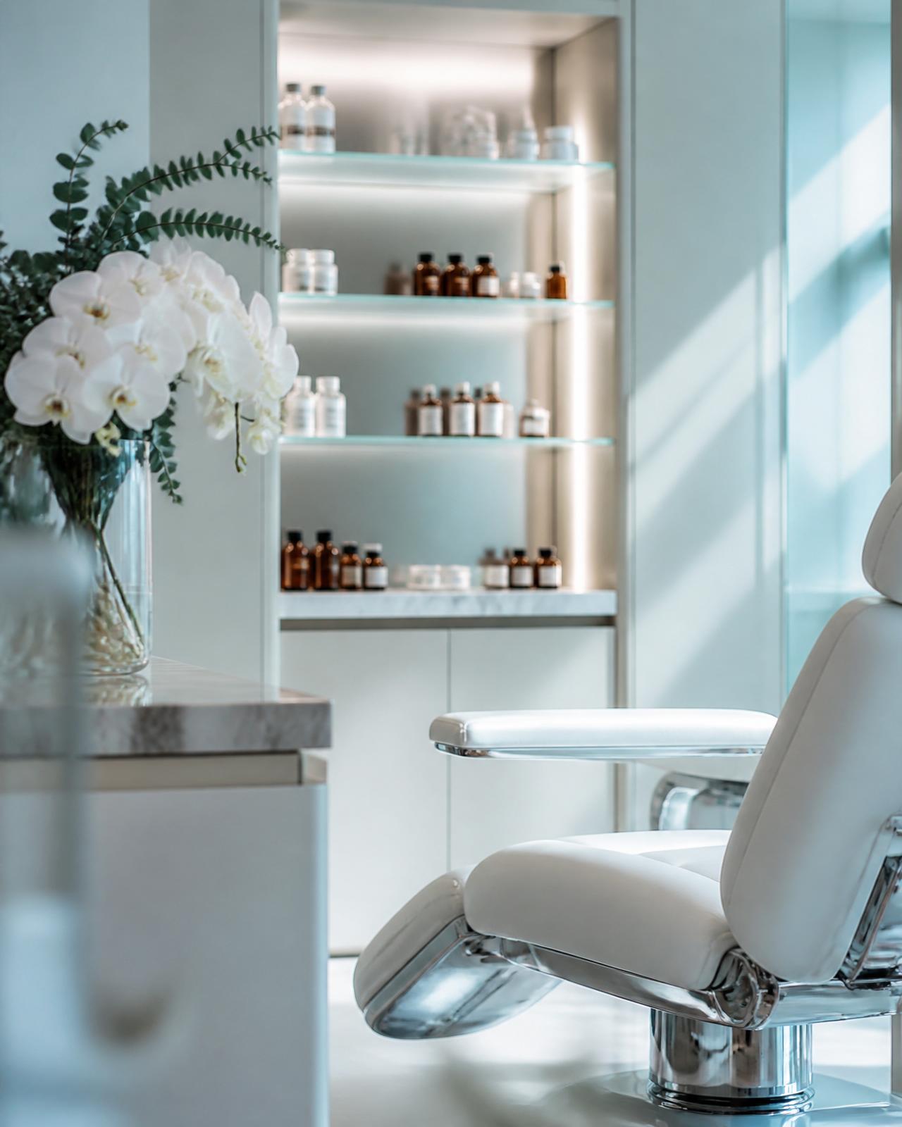 Modern medspa treatment room with chrome chair, white orchids, eucalyptus, and frosted glass shelves stocked with amber supplement bottles