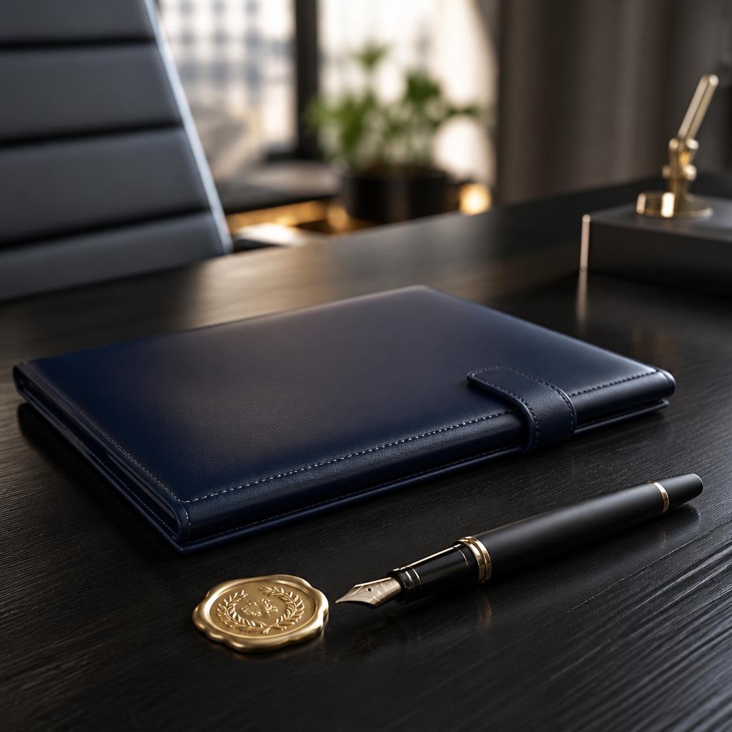 A signed Peakfinity Labs Non-Disclosure Agreement with a black fountain pen and gold wax seal on a navy desk