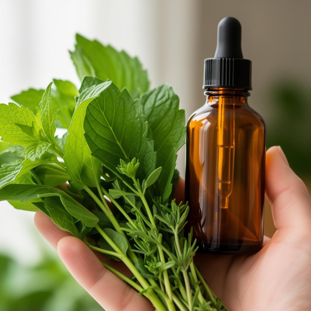 Hand holding fresh herbs next to an amber organic skincare dropper