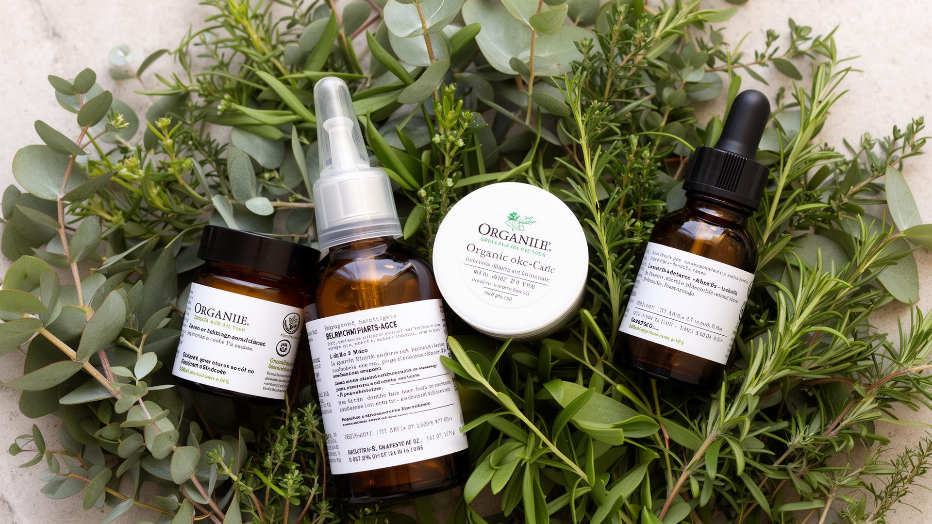 Organic cosmetics flat-lay with amber bottles and fresh botanicals
