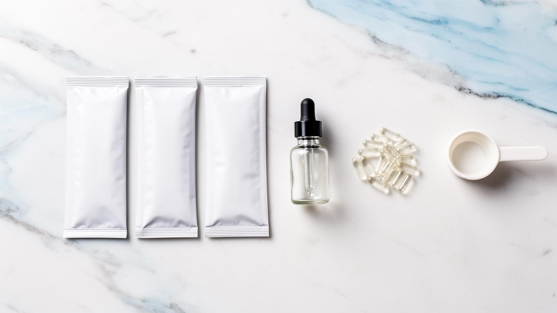 Flatlay of peptide supplement formats โ stick-packs, sublingual dropper, capsules, and powder scoop on white marble