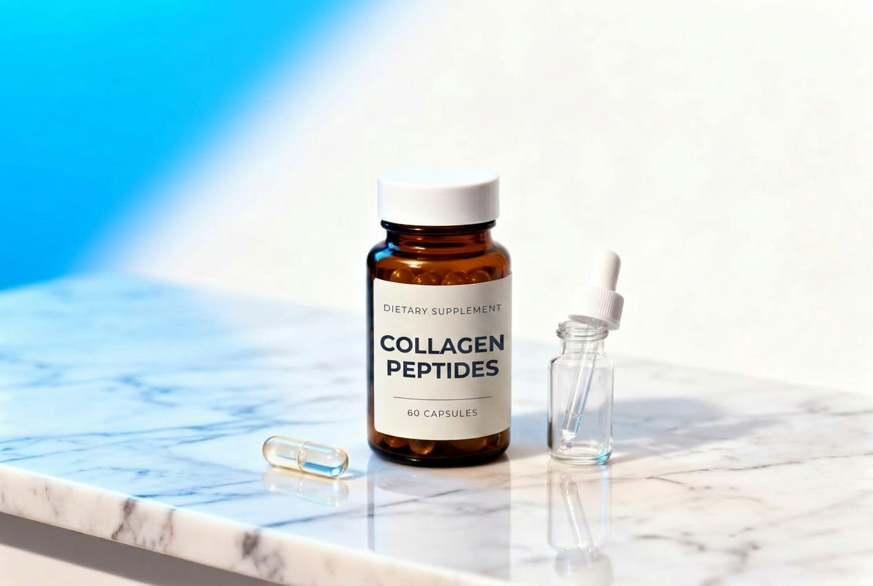 Amber peptide supplement bottle with sublingual dropper on white marble