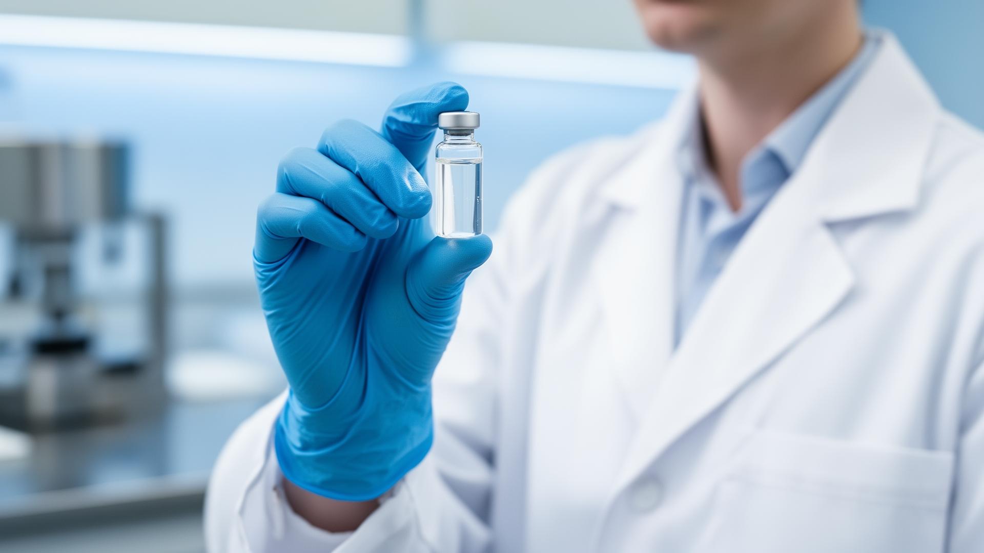 Cosmetic chemist evaluating peptide vial in clinical lab