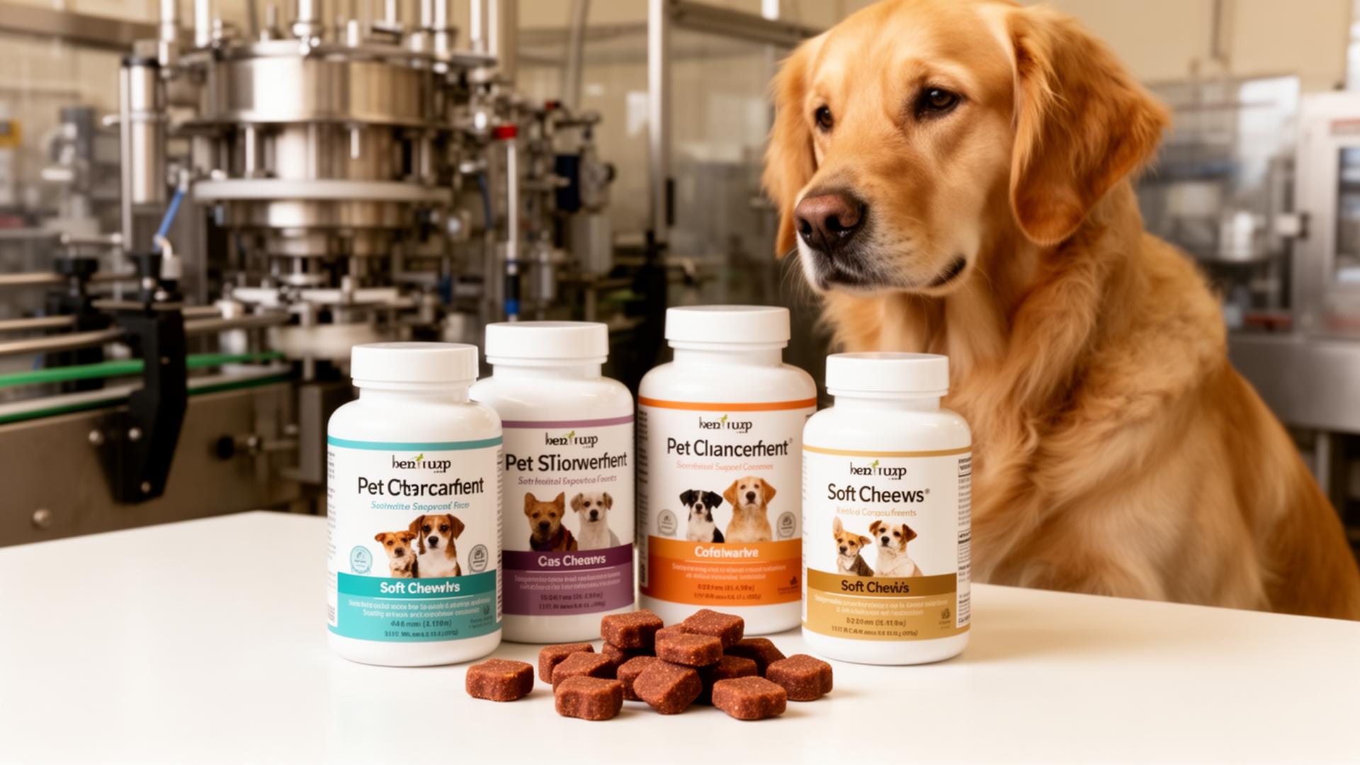 Pet supplement brand manufacturing guide - bottles, soft chews, and packaging