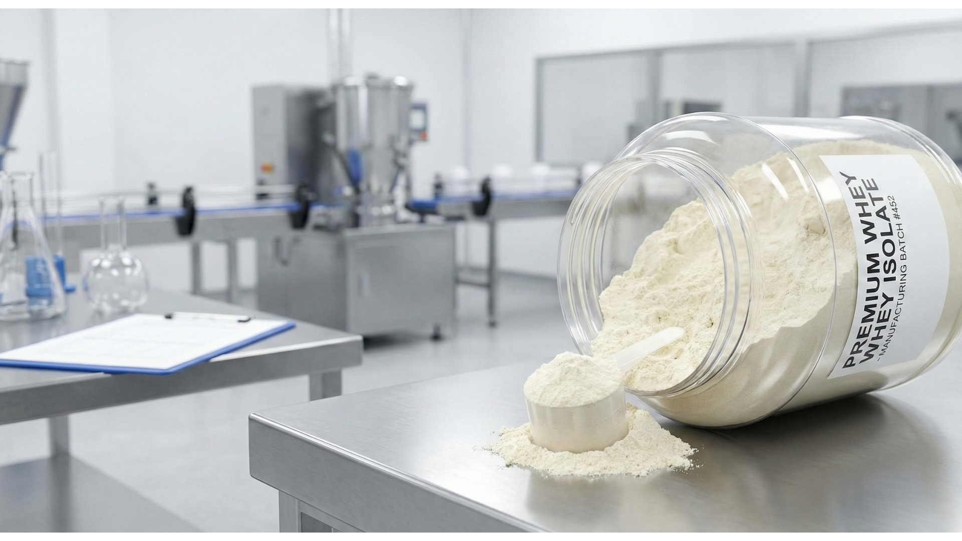 Protein powder manufacturing facility with industrial blending equipment
