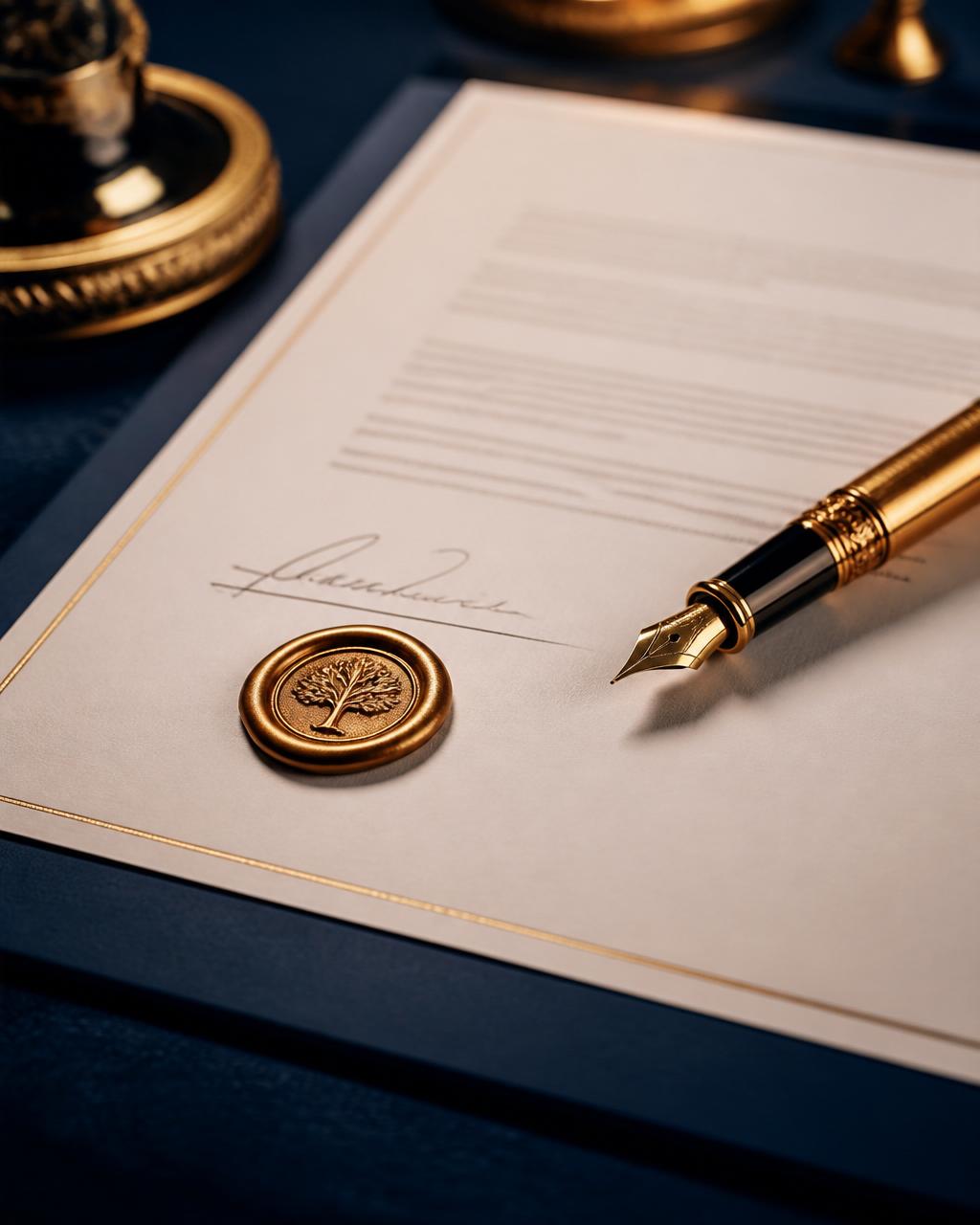 A signed Peakfinity Labs partnership agreement with a gold pen and wax seal on a navy desk