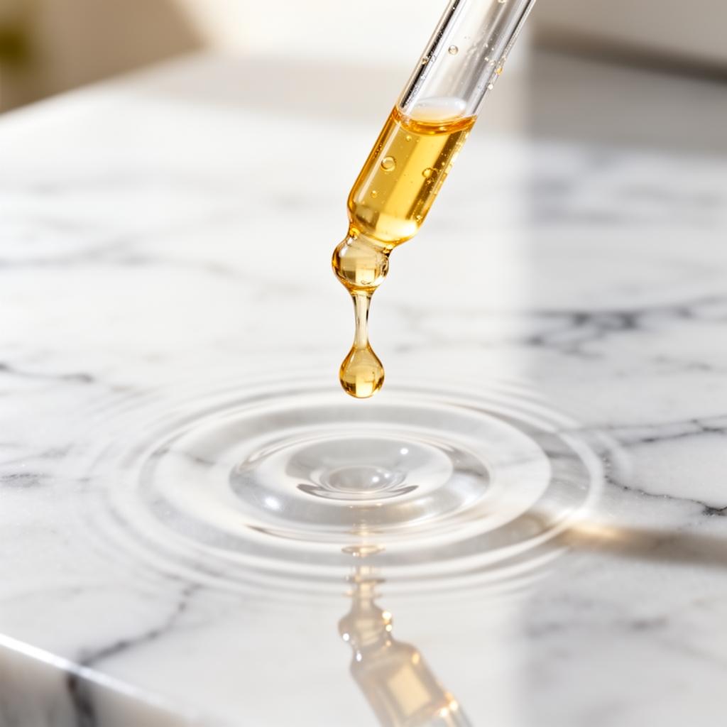 Golden serum droplet falling from glass pipette onto marble