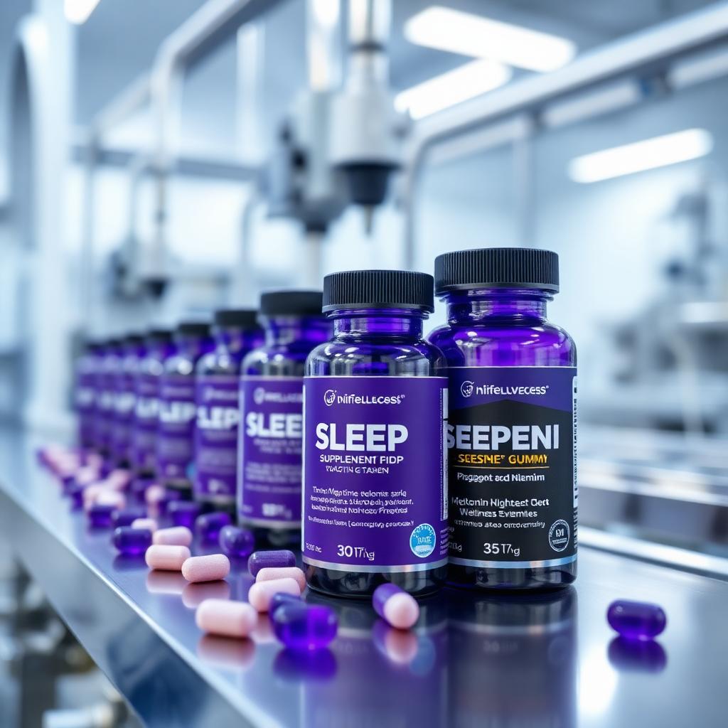 Sleep supplement capsules and gummy vitamins on a modern GMP manufacturing production line