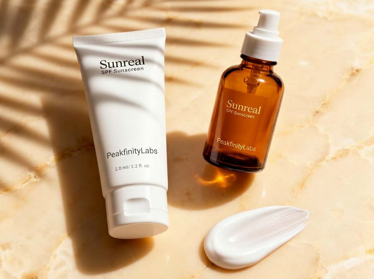 Mineral SPF sunscreen tube and amber bottle on sunlit marble