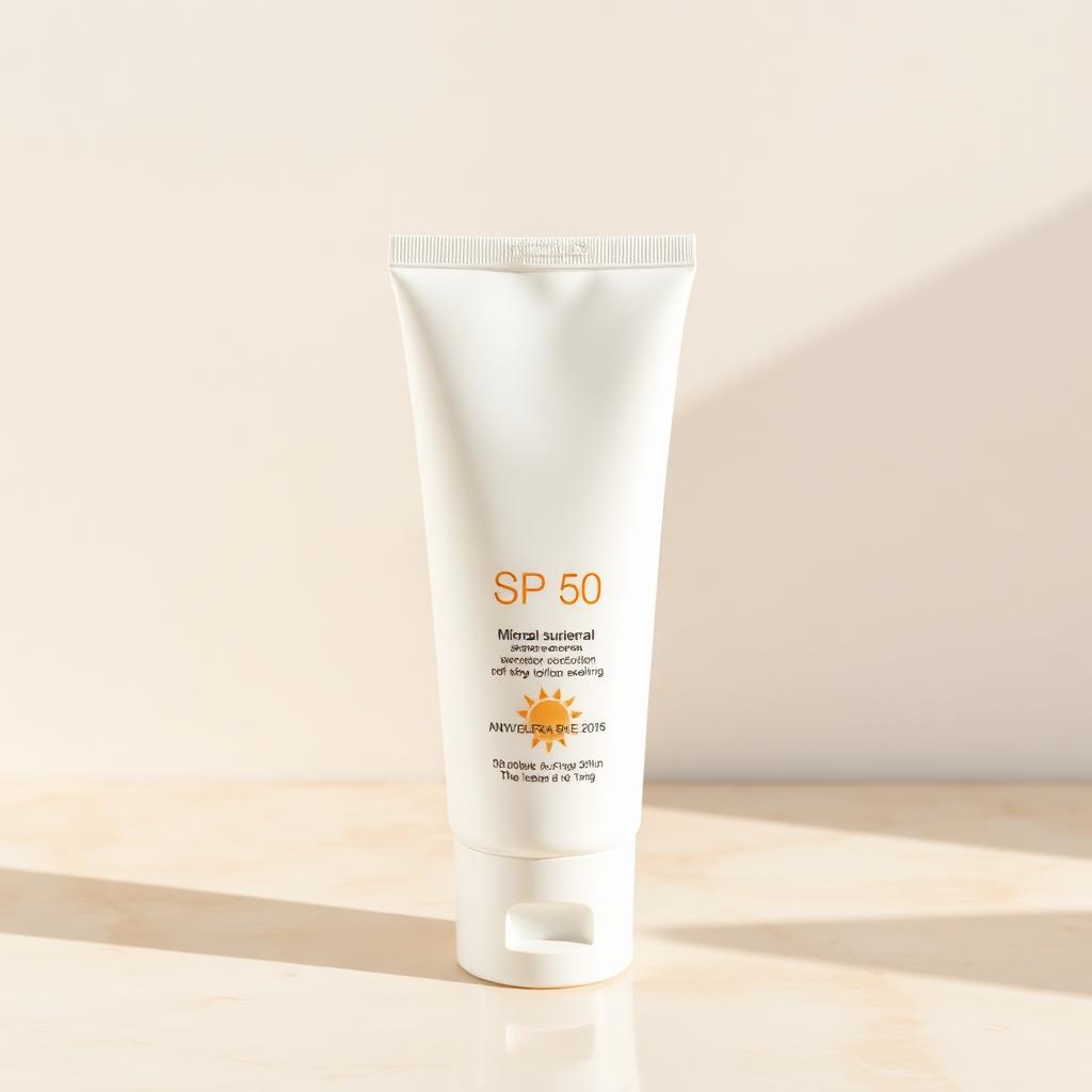 White SPF 50 sunscreen lotion squeeze tube on sunlit marble