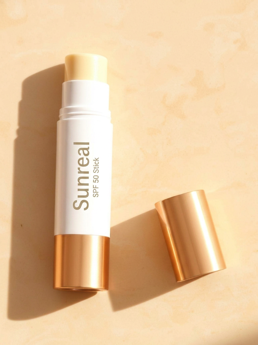 Twist-up sunscreen stick with gold cap on warm marble