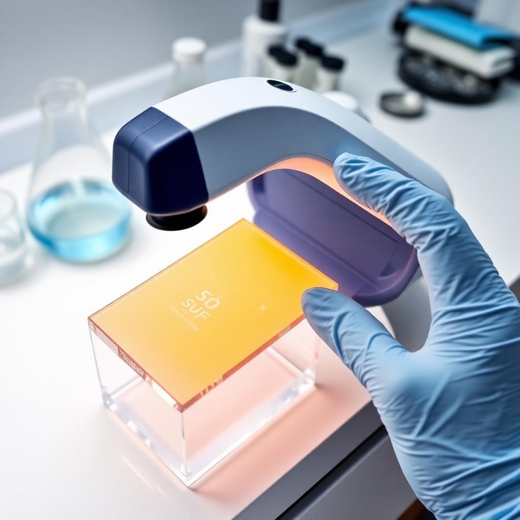 Chemist measuring SPF film on a quartz slide with a UV transmittance analyzer
