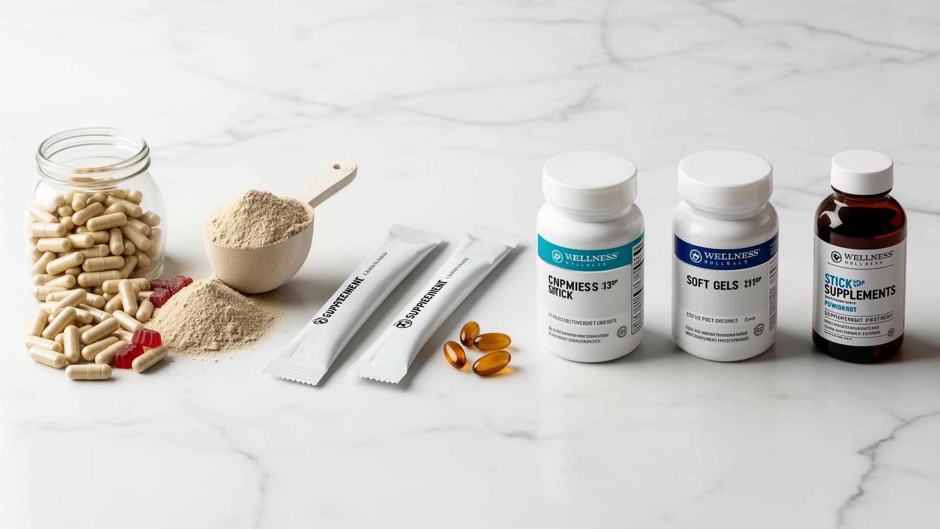 Various supplement formats including capsules, powders, gummies, softgels, and stick packs arranged on a marble surface