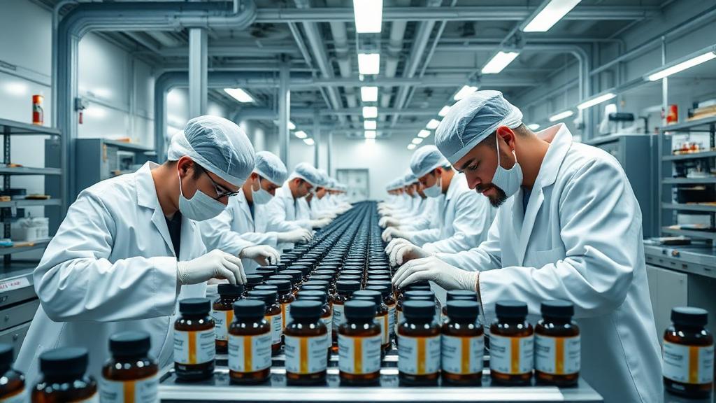 Supplement manufacturing production line with quality control technicians inspecting bottles in a GMP certified facility