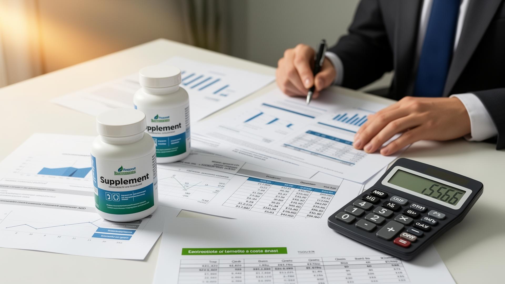 Supplement manufacturing cost analysis with bottles, financial documents, and calculator on a business desk