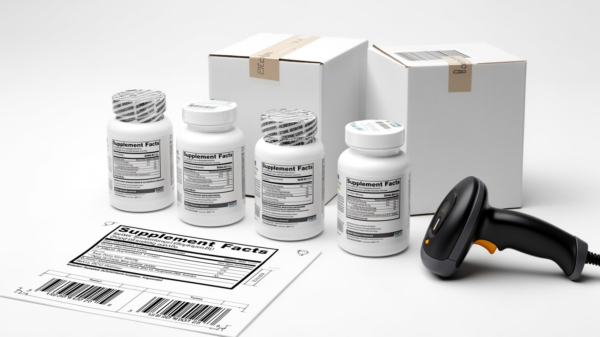 Supplement bottles with Supplement Facts panels, barcode scanner, and shipping boxes on a clean white surface
