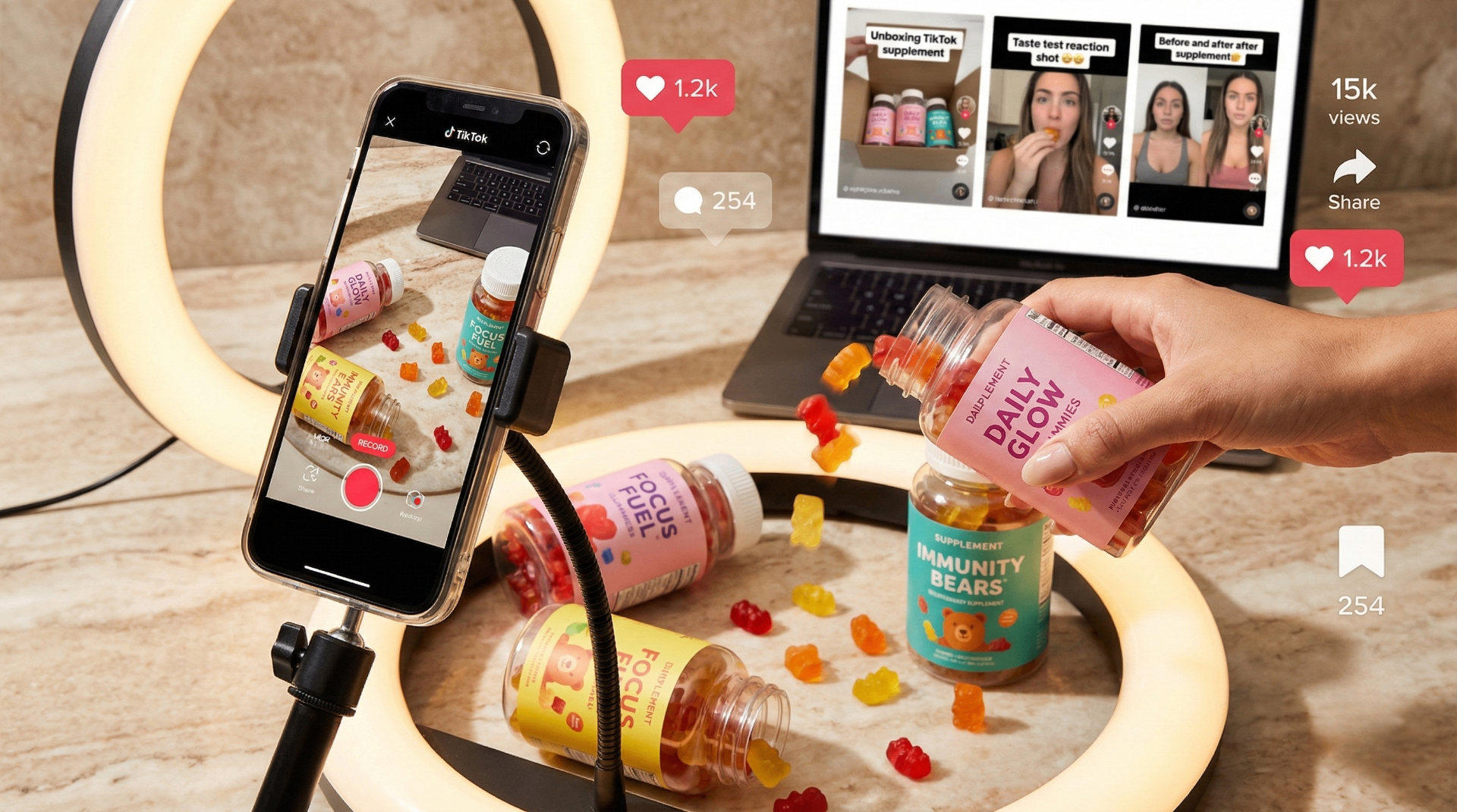 TikTok and Instagram content creation setup for supplement and skincare brands