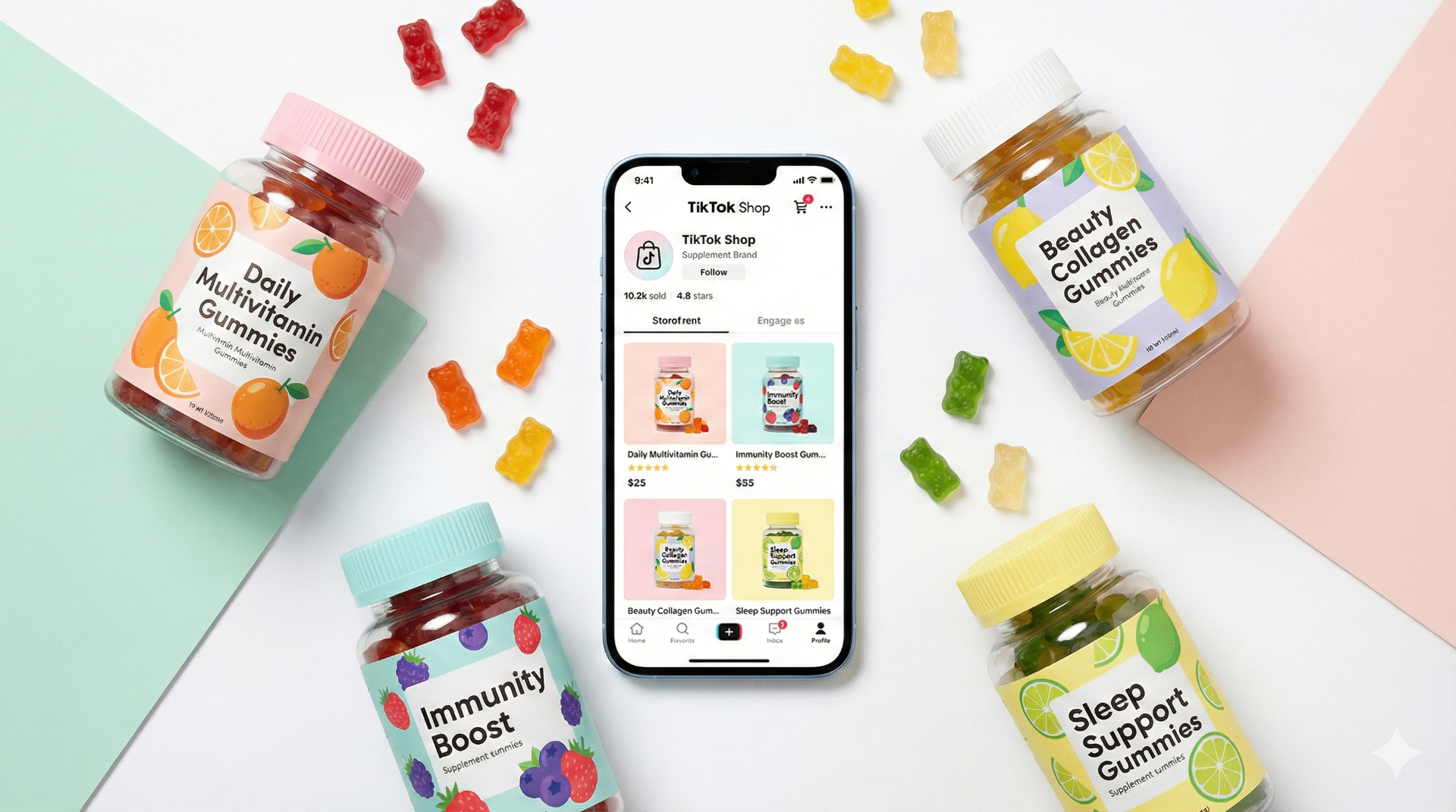Trendy supplement products with smartphone showing TikTok Shop social commerce