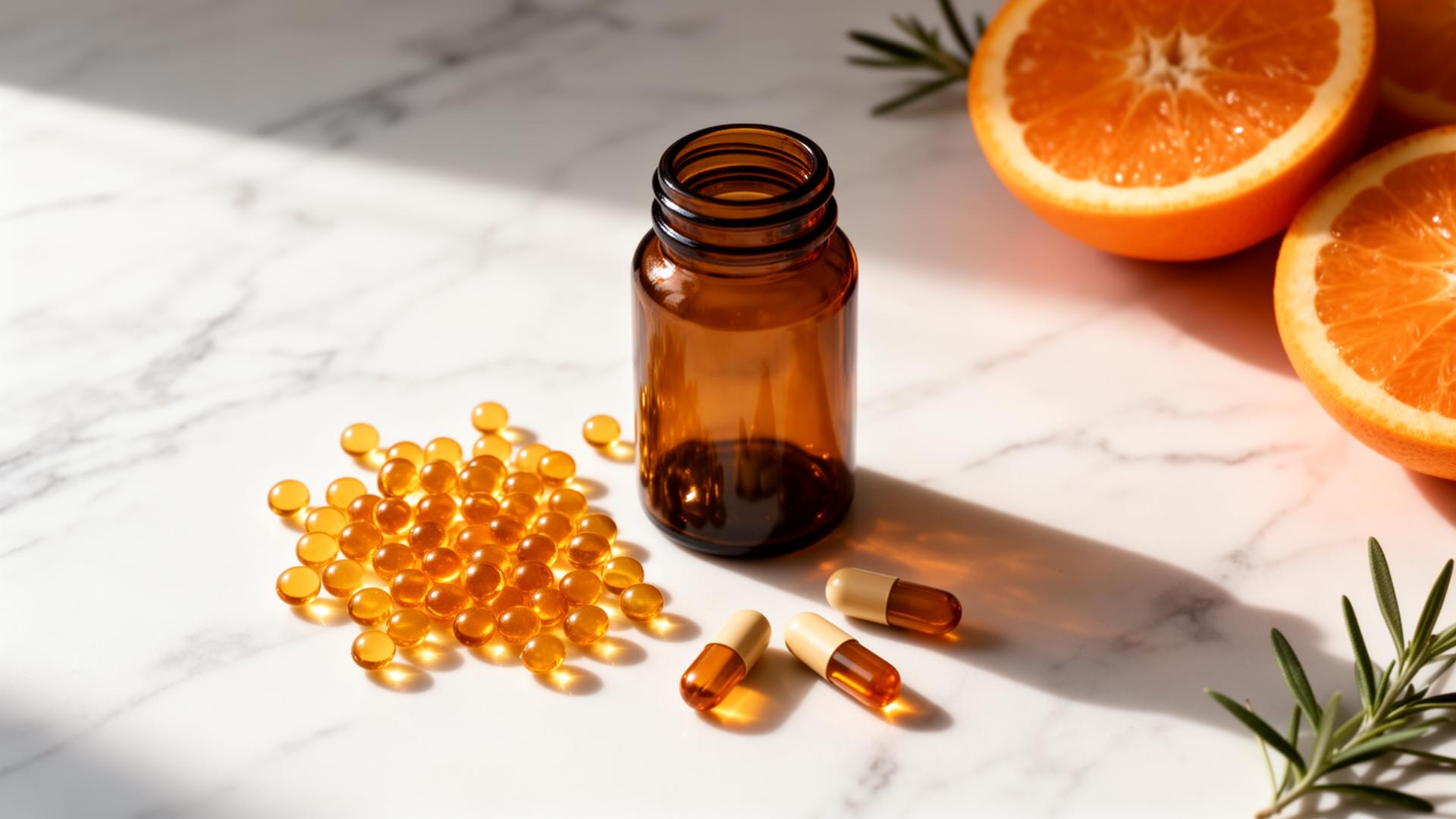 Amber glass vitamin bottle with golden softgels and two-tone capsules on white marble, beside fresh orange halves