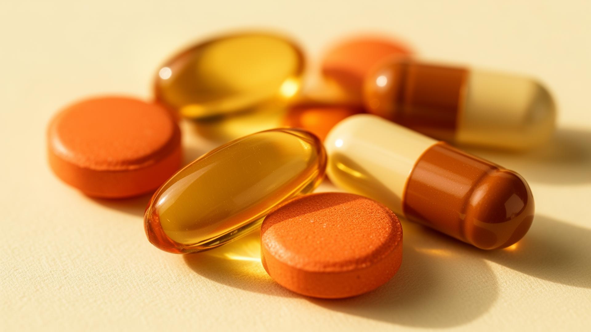 Macro close-up of premium amber softgels, orange vitamin C tablets, and two-tone capsules on a cream background