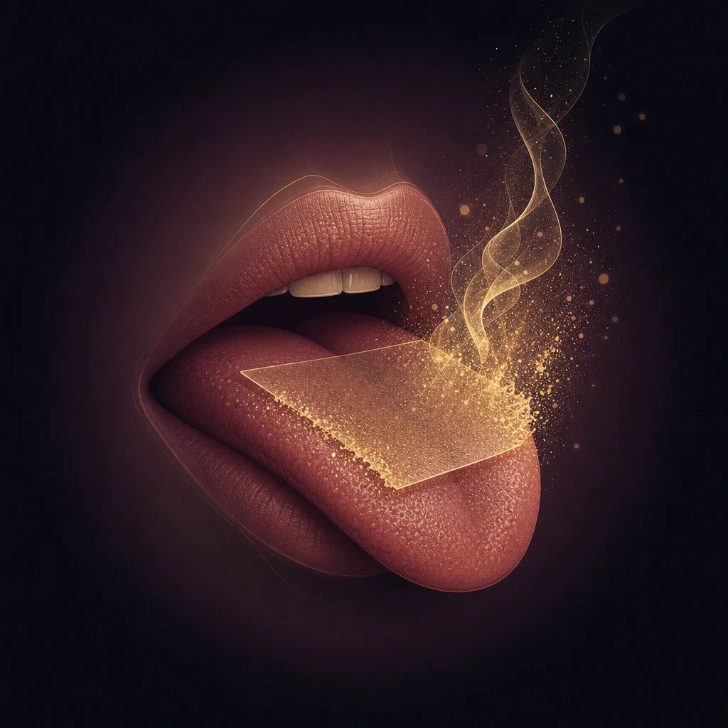 Illustration of an oral thin-film vitamin strip dissolving into gold particles on the tongue