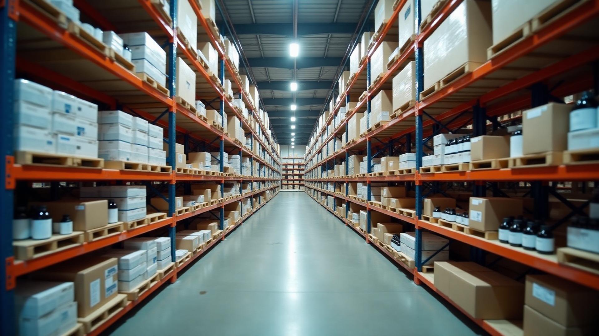 Professional warehouse fulfillment center with organized beauty and cosmetic inventory storage