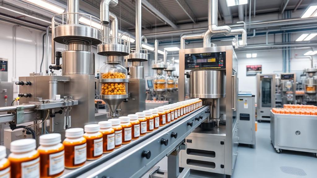 Weight loss supplement manufacturing production line in a GMP-certified US facility with capsule filling and powder blending equipment