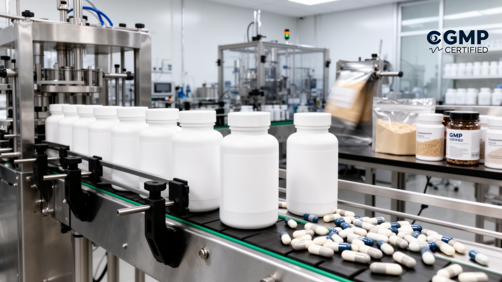 White label supplement bottles on a modern GMP-certified production line with blank labels ready for branding