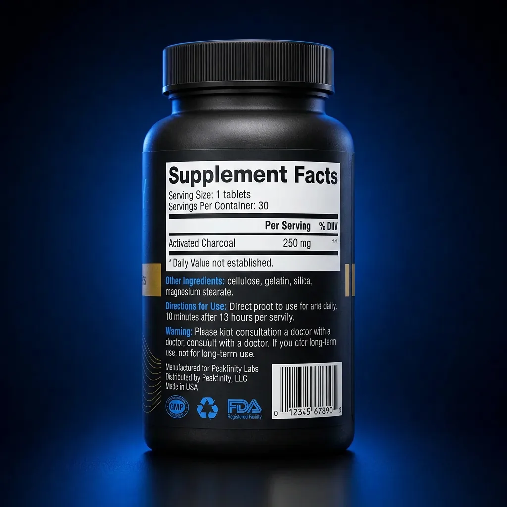 Activated Charcoal 250 mg Cleansing & Digestive Tablets — representative back label artwork (Supplement Facts panel)