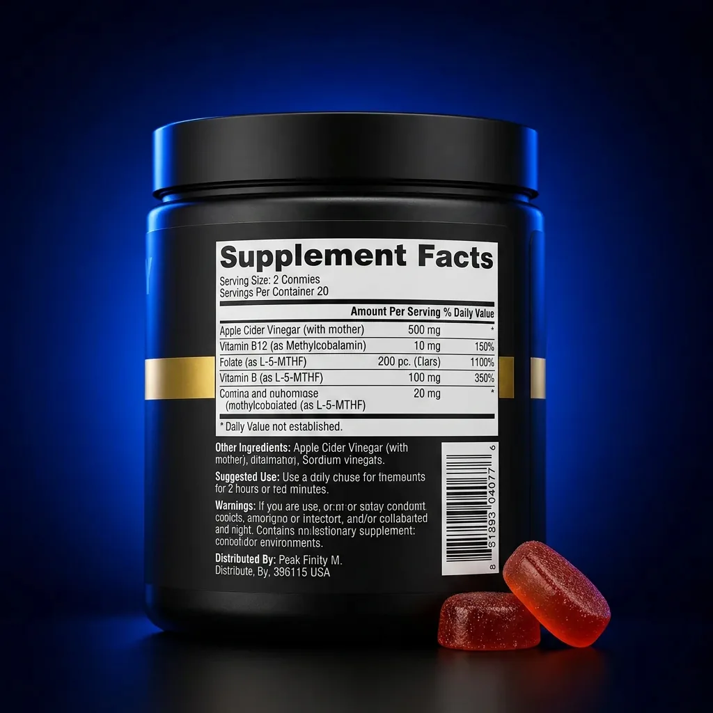Advanced Apple Cider Vinegar Gummies with Vitamin B12 & Folate — representative back label artwork (Supplement Facts panel)