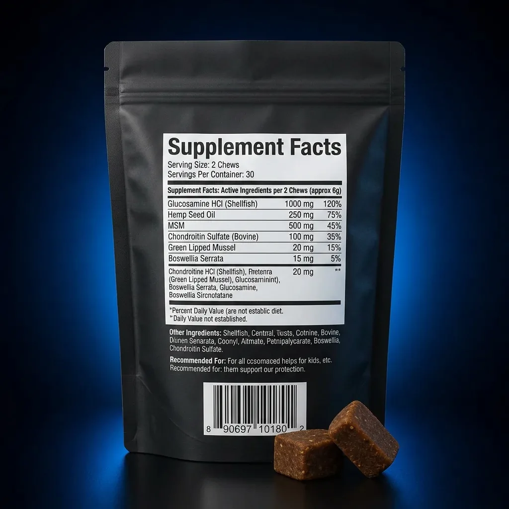 Advanced Canine Hip & Joint Support Chews with Hemp & Glucosamine — representative back label artwork (Supplement Facts panel)