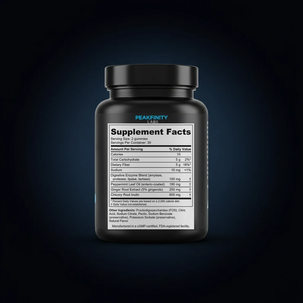 Anti-Bloat Digestive Enzyme Gummies with Ginger & Peppermint back label and ingredient panel