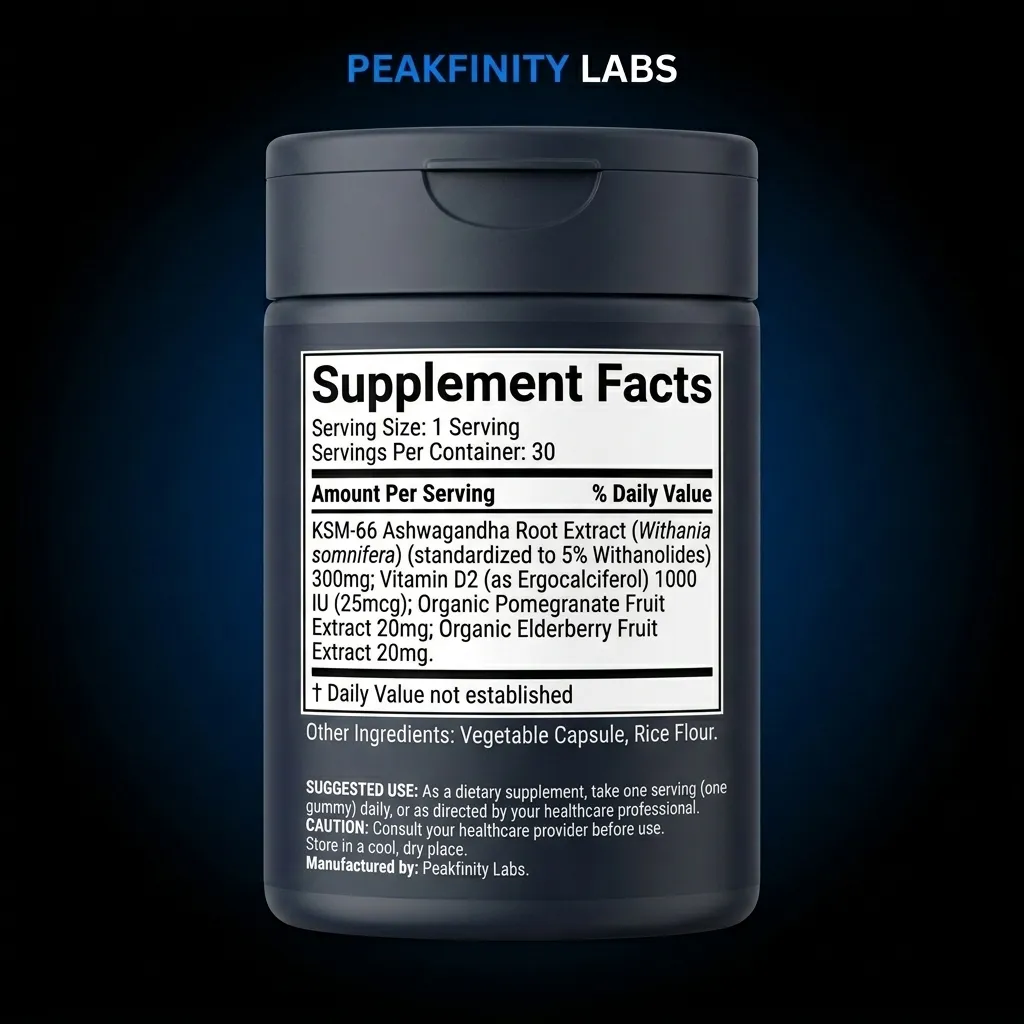 Premium Ashwagandha & Vitamin D Gummies with KSM-66 — representative back label artwork (Supplement Facts panel)