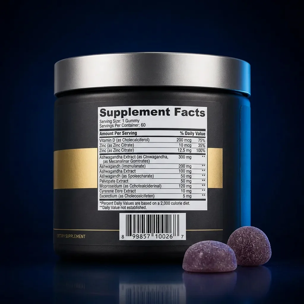 Ashwagandha Stress Support Gummies with Vitamin D & Zinc — representative back label artwork (Supplement Facts panel)