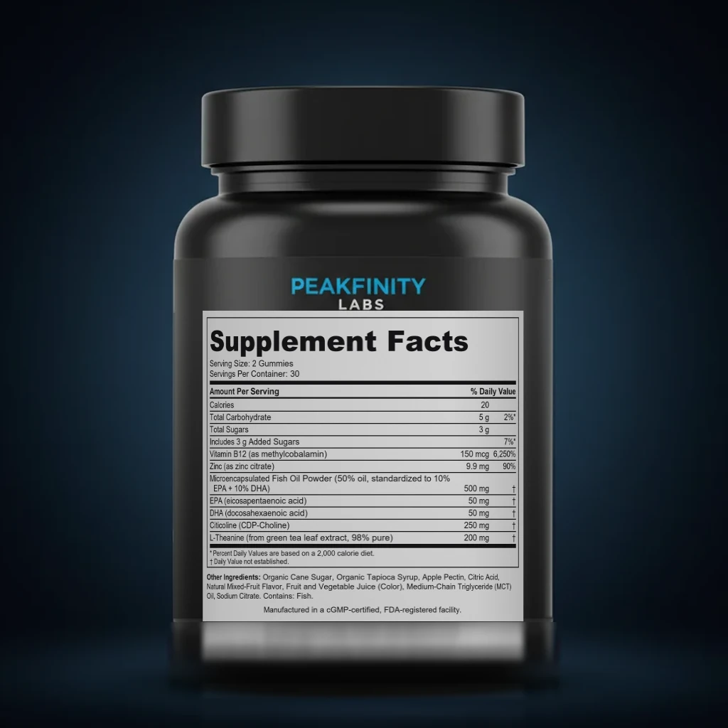 Attention & Focus Support Gummies for Adults with Zinc & Omega-3 back label and ingredient panel