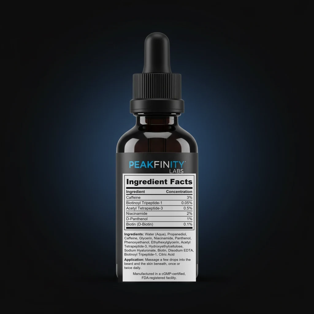 Beard Serum with Peptides & Caffeine back label and ingredient panel