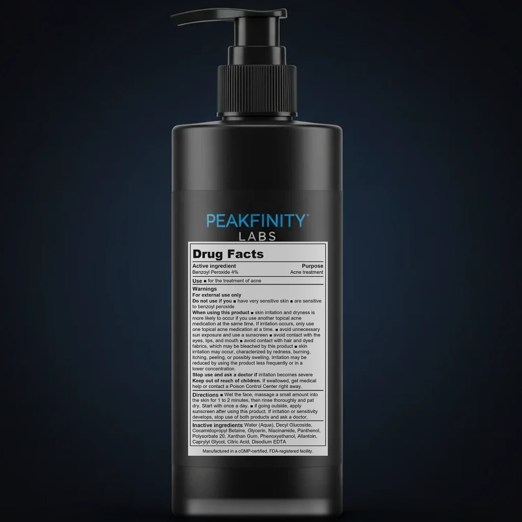 Benzoyl Peroxide 4% Acne Wash back label and ingredient panel