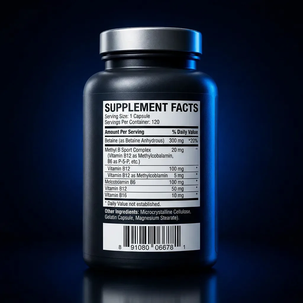 Advanced Betaine & Methylated B-Vitamin Sport Capsules — representative back label artwork (Supplement Facts panel)