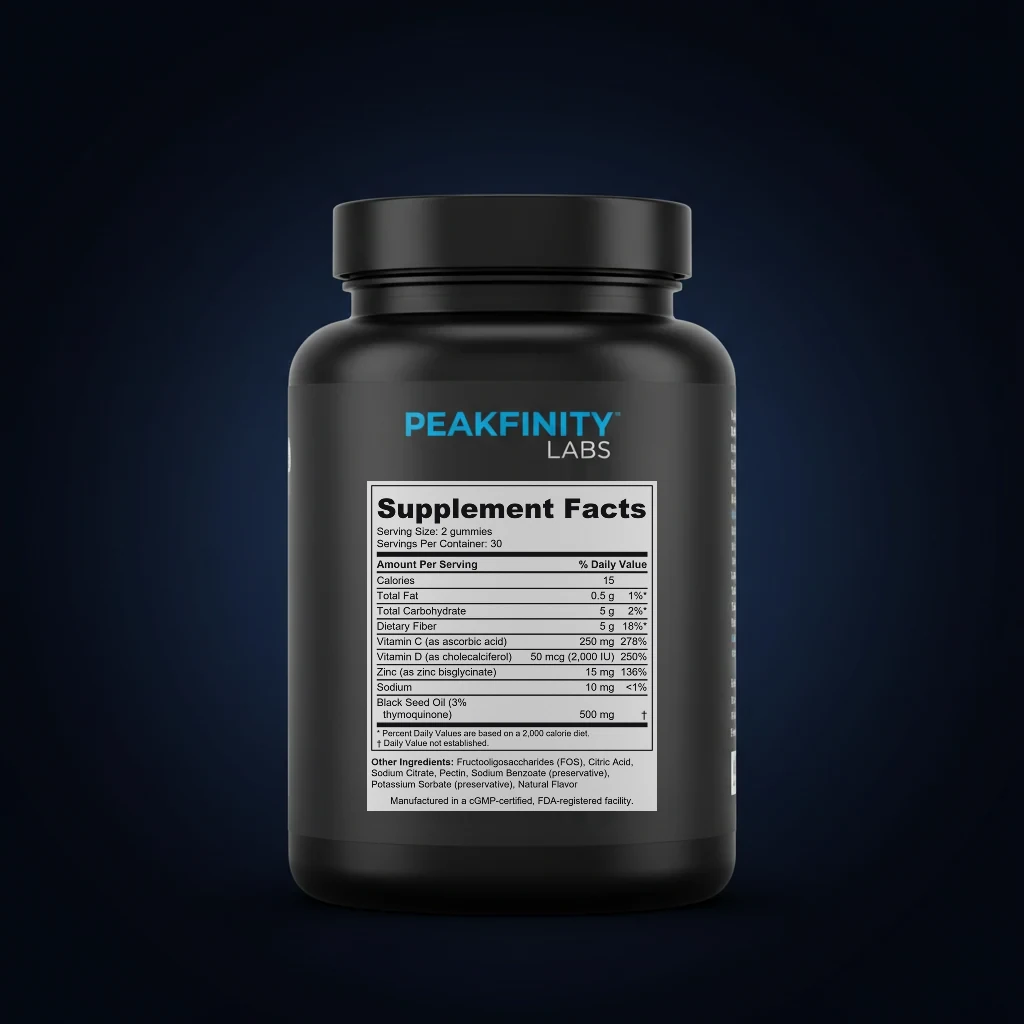 Black Seed Oil Gummies with Vitamin D3 back label and ingredient panel