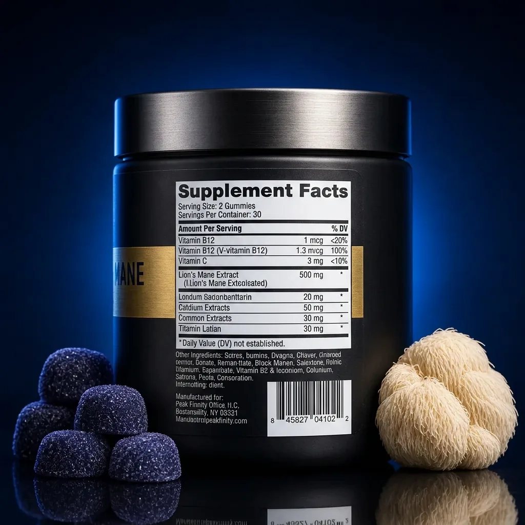 Blueberry Lion's Mane Gummies for Focus and Immunity — representative back label artwork (Supplement Facts panel)