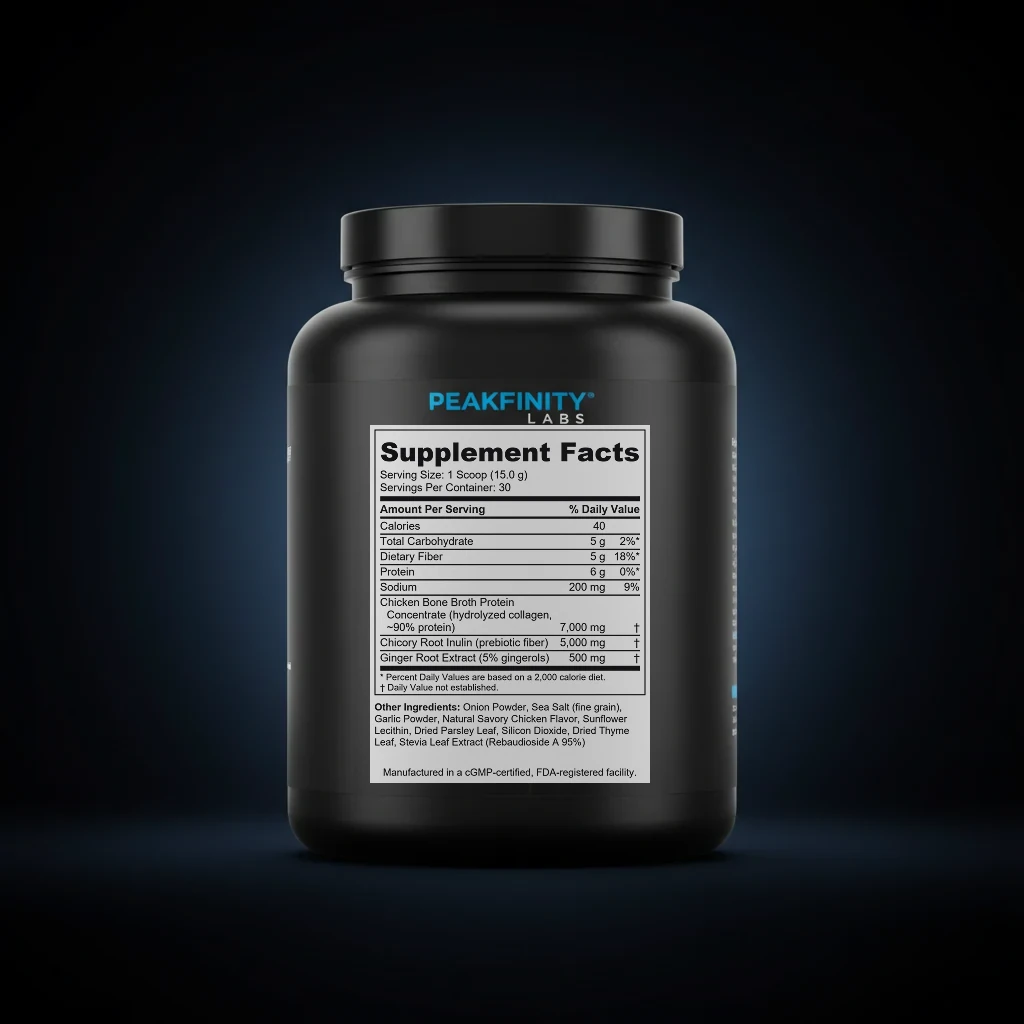 Bone Broth Protein Powder - Savory Chicken back label and ingredient panel