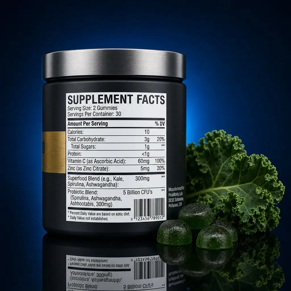 Botanical Superfood & Probiotic Pectin Gummies — representative back label artwork (Supplement Facts panel)
